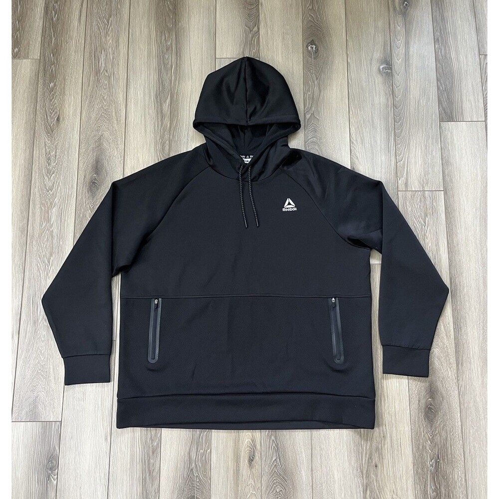Reebok Black Men's Active Mesh Pullover Hoodie Sweatshirt Sz 2XL Zip Pockets